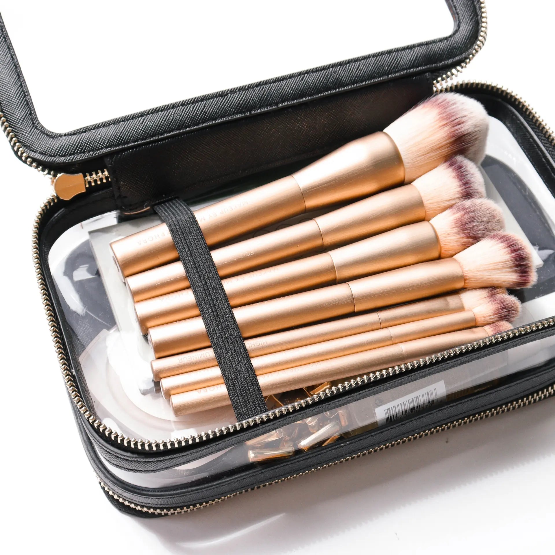 Cosmetic bag with elastic band to organize makeup brushes